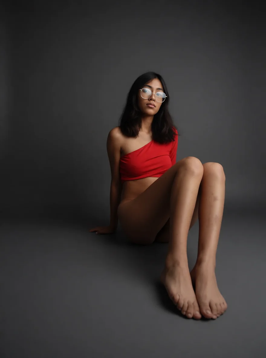 Karla, adult model, in profile wearing a red top, in a studio session from the series