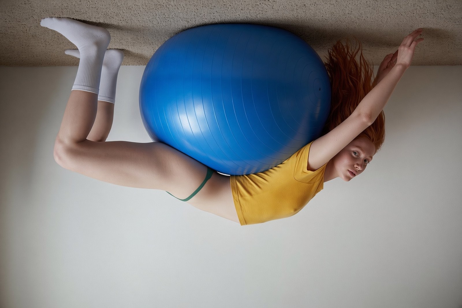Composición surrealista generada con IA: el personaje pelirroja flota contra el techo con una pelota azul