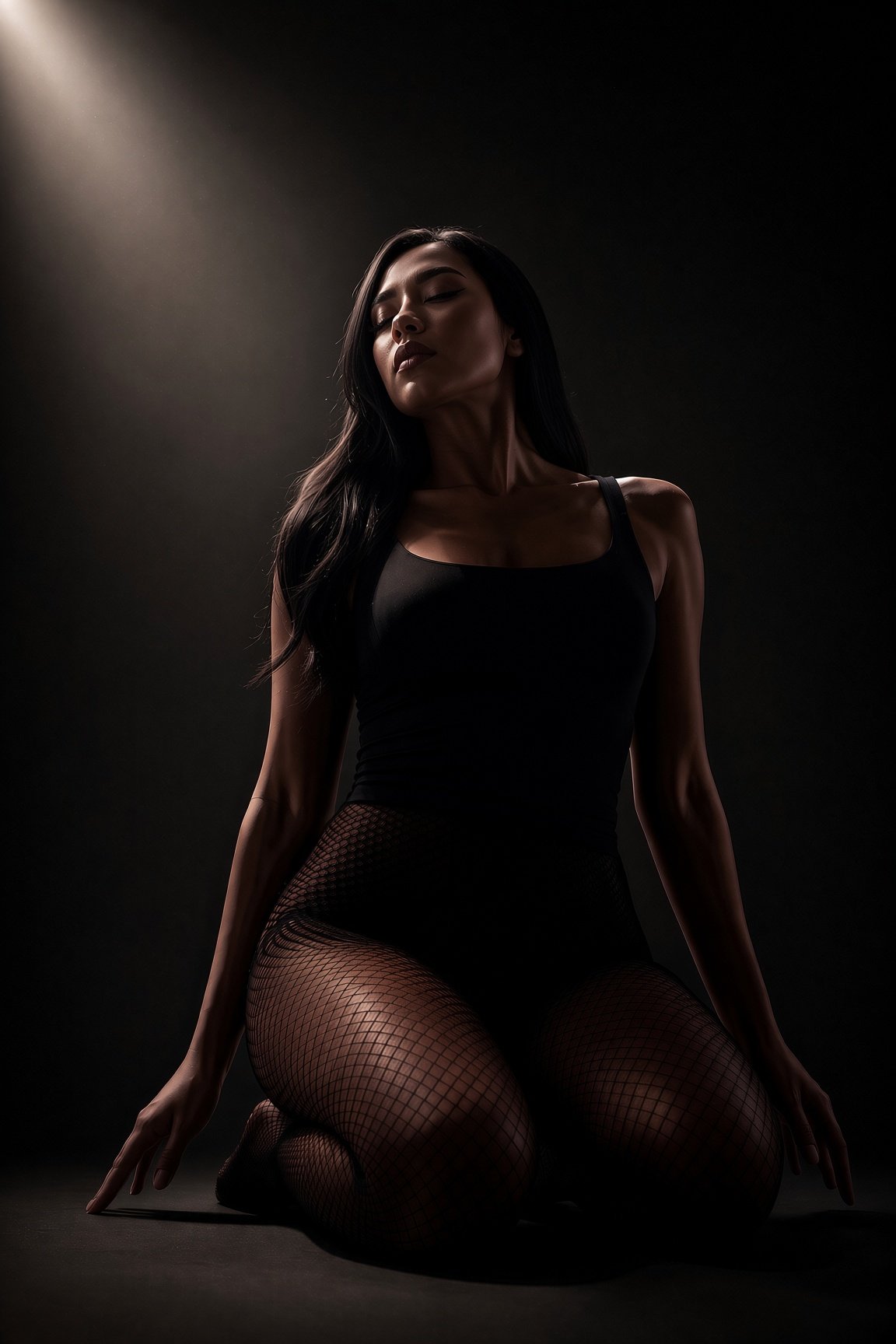 Retrato editorial de estudio en claroscuro, un solo haz de luz cenital — fotografía de David Rivera editada con IA